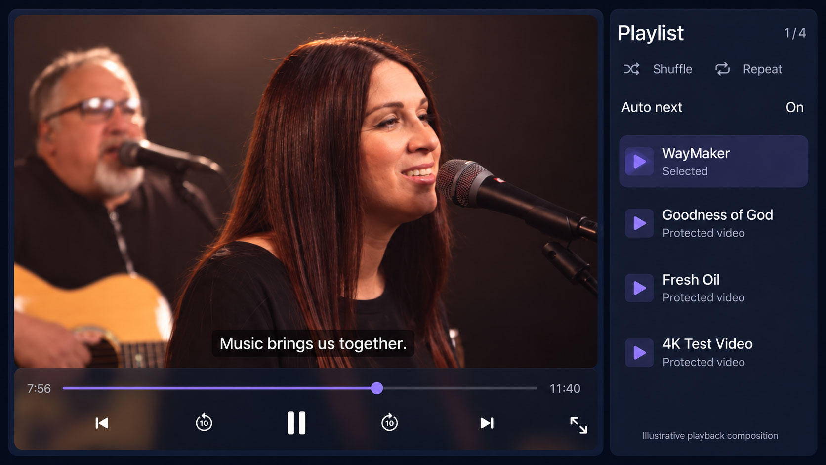 Apple TV player illustration with video, subtitles and a playlist